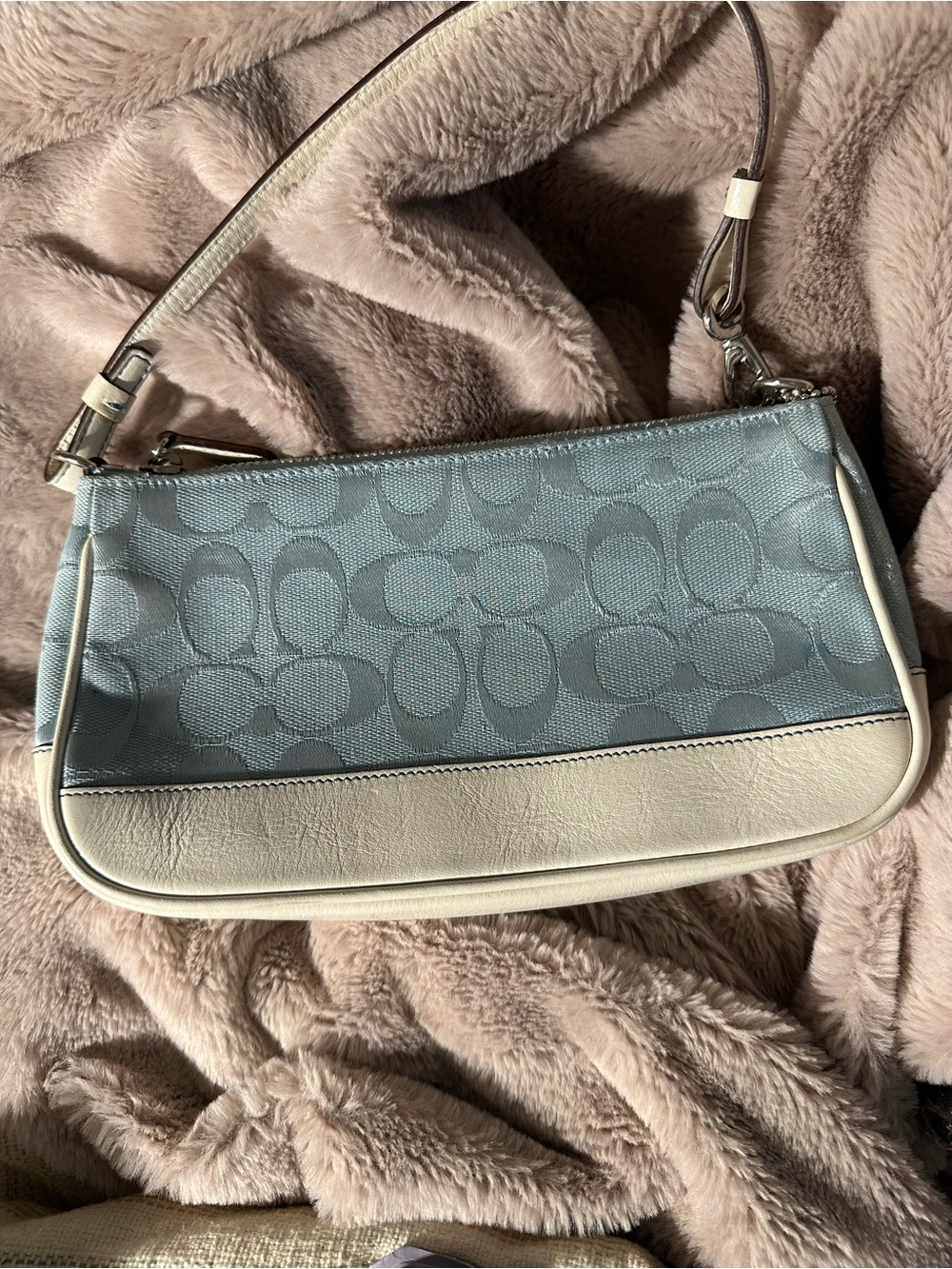 Coach Light Blue vintage Signature Jacquard Shoulder Bag with Cream Trim